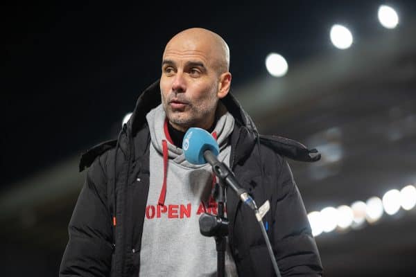 LIVERPOOL, ENGLAND - Sunday, February 7, 2021: Manchester City's manager Josep 'Pep' Guardiola is interviewed by BBC Radio 5 Live after the FA Premier League match between Liverpool FC and Manchester City FC at Anfield. Manchester City won 4-1. (Pic by David Rawcliffe/Propaganda)