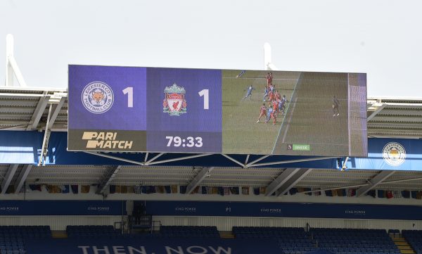 LEICESTER, ENGLAND - Saturday, February 13, 2021: A VAR decision is shown on the scoreboard awarding Leicester City an equalising goal during the FA Premier League match between Leicester City FC and Liverpool FC at the King Power Stadium. (Pic by Propaganda)