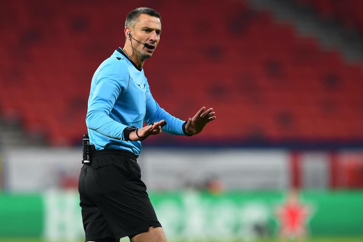 BUDAPEST, HUNGARY - Tuesday, February 16, 2021: Referee Slavko Vin?i? during the UEFA Champions League Round of 16 1st Leg game between RB Leipzig and Liverpool FC at the Puskás Aréna. (Pic by Propaganda)