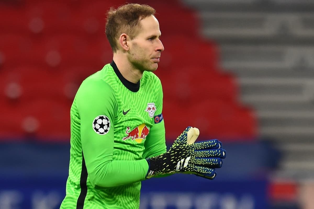 BUDAPEST, HUNGARY - Tuesday, February 16, 2021: RB Leipzig's goalkeeper Pe?ter Gula?csi during the UEFA Champions League Round of 16 1st Leg game between RB Leipzig and Liverpool FC at the Puskás Aréna. (Pic by Propaganda)