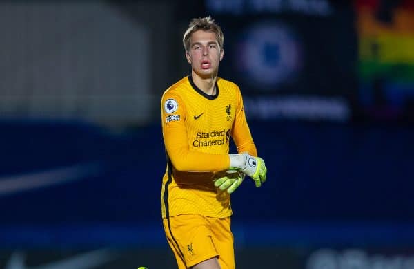 KINGSTON-UPON-THAMES, ENGLAND - Friday, February 19, 2021: Liverpool's substitute goalkeeper Jakub Ojrzynski comes on to replace the injured goalkeeper Marcelo Pitaluga during the Premier League 2 Division 1 match between Chelsea FC Under-23's and Liverpool FC Under-23's at the Kingsmeadow Stadium. Liverpool won 3-2. (Pic by David Rawcliffe/Propaganda)