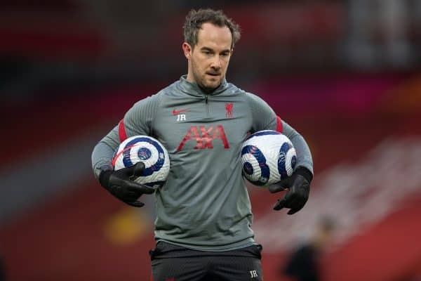 LIVERPOOL, ENGLAND - Saturday, February 20, 2021: Liverpool's goalkeeping coach Jack Robinson during the pre-match warm-up before the FA Premier League match between Liverpool FC and Everton FC, the 238th Merseyside Derby, at Anfield. Everton won 2-0, the club’s first win at Anfield since 1999. (Pic by David Rawcliffe/Propaganda)