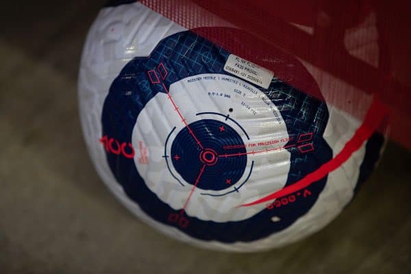 LIVERPOOL, ENGLAND - Saturday, February 20, 2021: The new Nike match ball during the FA Premier League match between Liverpool FC and Everton FC, the 238th Merseyside Derby, at Anfield. Everton won 2-0, the club’s first win at Anfield since 1999. (Pic by David Rawcliffe/Propaganda)