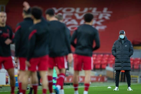 LIVERPOOL, ENGLAND - Saturday, February 20, 2021: Liverpool's manager Jürgen Klopp during the pre-match warm-up before the FA Premier League match between Liverpool FC and Everton FC, the 238th Merseyside Derby, at Anfield. Everton won 2-0, the club’s first win at Anfield since 1999. (Pic by David Rawcliffe/Propaganda)