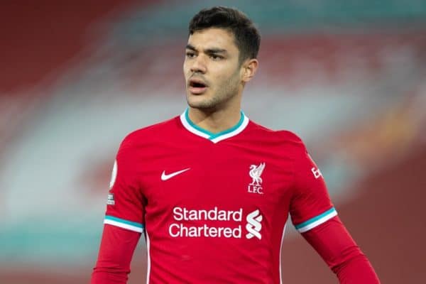LIVERPOOL, ENGLAND - Saturday, February 20, 2021: Liverpool's Ozan Kabak during the FA Premier League match between Liverpool FC and Everton FC, the 238th Merseyside Derby, at Anfield. Everton won 2-0, the club’s first win at Anfield since 1999. (Pic by David Rawcliffe/Propaganda)