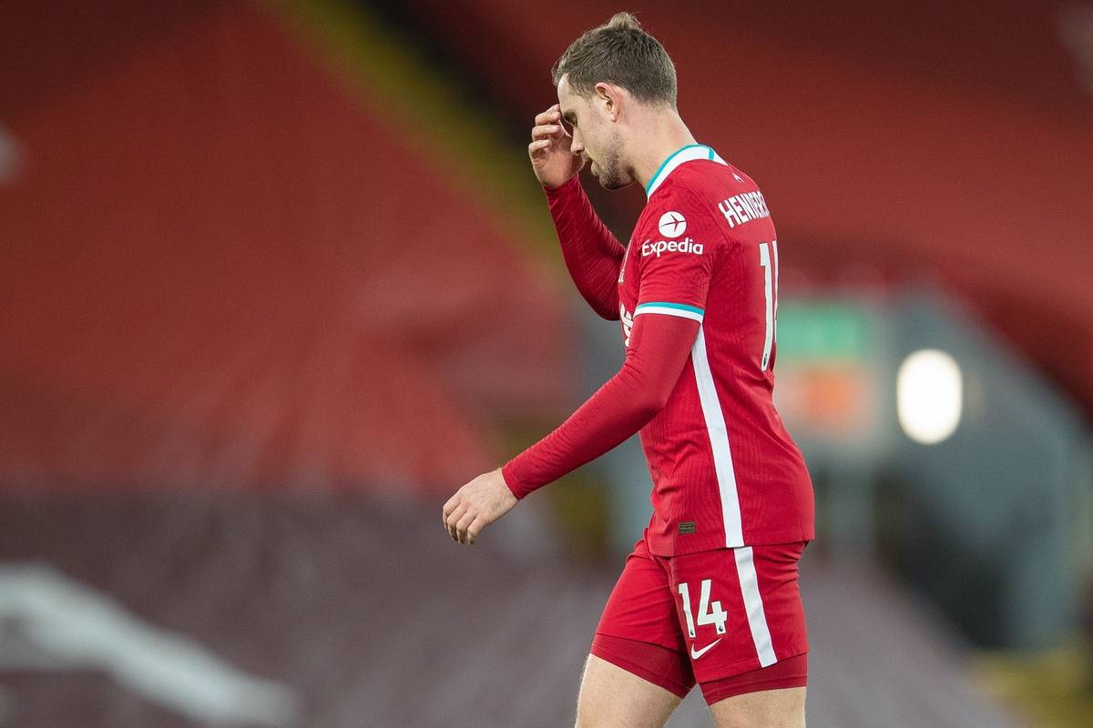 LIVERPOOL, ENGLAND - Saturday, February 20, 2021: Liverpool's captain Jordan Henderson looks dejected as he walks off injured during the FA Premier League match between Liverpool FC and Everton FC, the 238th Merseyside Derby, at Anfield. Everton won 2-0, the club’s first win at Anfield since 1999. (Pic by David Rawcliffe/Propaganda)