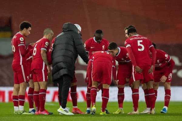 LIVERPOOL, ENGLAND - Saturday, February 20, 2021: Liverpool's manager Jürgen Klopp speaks to his players before the start of the second-half during the FA Premier League match between Liverpool FC and Everton FC, the 238th Merseyside Derby, at Anfield. Everton won 2-0, the club’s first win at Anfield since 1999. (Pic by David Rawcliffe/Propaganda)