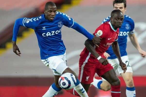 LIVERPOOL, ENGLAND - Saturday, February 20, 2021: Liverpool's Sadio Mané (R) and Everton's Abdoulaye Doucouré during the FA Premier League match between Liverpool FC and Everton FC, the 238th Merseyside Derby, at Anfield. Everton won 2-0, the club’s first win at Anfield since 1999. (Pic by David Rawcliffe/Propaganda)