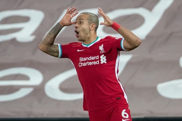 LIVERPOOL, ENGLAND - Saturday, February 20, 2021: Liverpool's Thiago Alcantara reacts during the FA Premier League match between Liverpool FC and Everton FC, the 238th Merseyside Derby, at Anfield. Everton won 2-0, the club’s first win at Anfield since 1999. (Pic by David Rawcliffe/Propaganda)