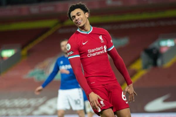 LIVERPOOL, ENGLAND - Saturday, February 20, 2021: Liverpool's Trent Alexander-Arnold looks dejected after missing a chance during the FA Premier League match between Liverpool FC and Everton FC, the 238th Merseyside Derby, at Anfield. Everton won 2-0, the club’s first win at Anfield since 1999. (Pic by David Rawcliffe/Propaganda)