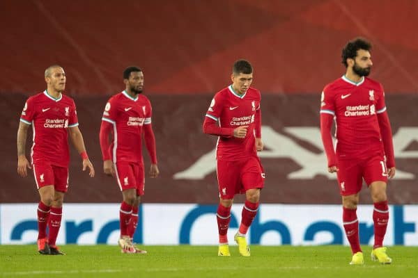 LIVERPOOL, ENGLAND - Saturday, February 20, 2021: Liverpool's Thiago Alcantara and Roberto Firmino look dejected as Everton socre the second goal during the FA Premier League match between Liverpool FC and Everton FC, the 238th Merseyside Derby, at Anfield. Everton won 2-0, the club’s first win at Anfield since 1999. (Pic by David Rawcliffe/Propaganda)