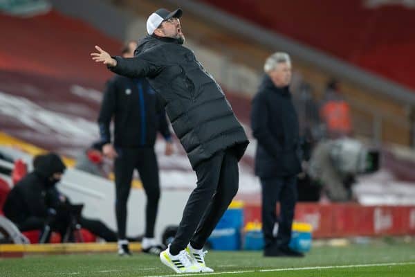 LIVERPOOL, ENGLAND - Saturday, February 20, 2021: Liverpool's manager Jürgen Klopp reacts during the FA Premier League match between Liverpool FC and Everton FC, the 238th Merseyside Derby, at Anfield. Everton won 2-0, the club’s first win at Anfield since 1999. (Pic by David Rawcliffe/Propaganda)