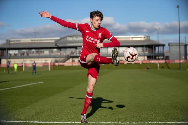 KIRKBY, ENGLAND - Saturday, February 27, 2021: Liverpool's Conor Bradley during the Premier League 2 Division 1 match between Liverpool FC Under-23's and Arsenal FC Under-23's at the Liverpool Academy. (Pic by David Rawcliffe/Propaganda)