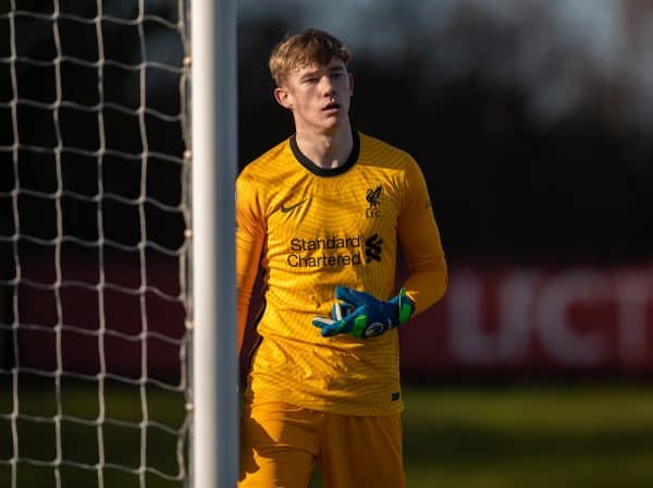 KIRKBY, ENGLAND - Saturday, February 27, 2021: Liverpool's goalkeeper Liam Hughes during the Premier League 2 Division 1 match between Liverpool FC Under-23's and Arsenal FC Under-23's at the Liverpool Academy. (Pic by David Rawcliffe/Propaganda)