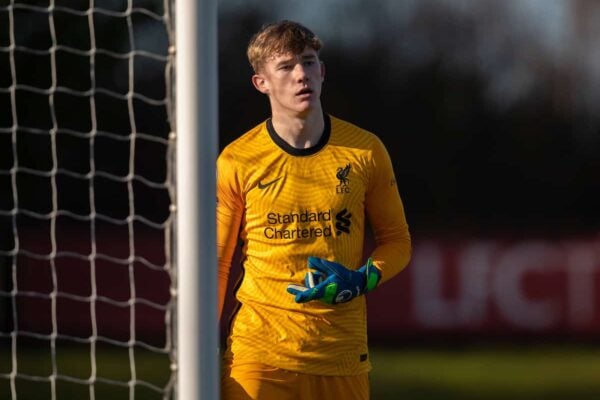 KIRKBY, ENGLAND - Saturday, February 27, 2021: Liverpool's goalkeeper Liam Hughes during the Premier League 2 Division 1 match between Liverpool FC Under-23's and Arsenal FC Under-23's at the Liverpool Academy. (Pic by David Rawcliffe/Propaganda)