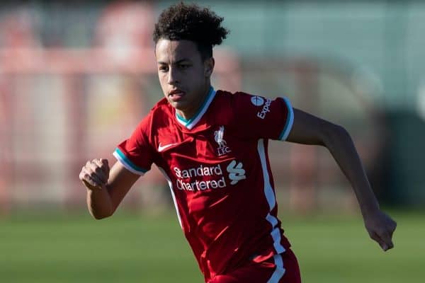 KIRKBY, ENGLAND - Saturday, February 27, 2021: Liverpool's Kaide Gordon during the Under-18 Premier League match between Liverpool FC Under-18's and Everton FC Under-23's at the Liverpool Academy. Liverpool won 2-1. (Pic by David Rawcliffe/Propaganda)