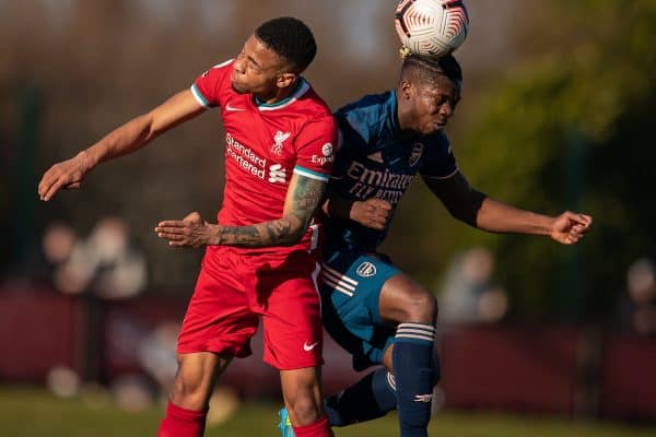 KIRKBY, ENGLAND - Saturday, February 27, 2021: Liverpool's Elijah Dixon-Bonner (L) challenges for a header with Arsenal's Tim Akinola during the Premier League 2 Division 1 match between Liverpool FC Under-23's and Arsenal FC Under-23's at the Liverpool Academy. (Pic by David Rawcliffe/Propaganda)