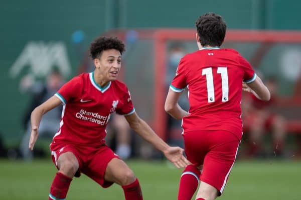 KIRKBY, ENGLAND - Saturday, February 27, 2021: Liverpool's Mateusz Musialowski (R) celebrates with team-mate Kaide Gordon (L) after scoring an injury time winning goal during the Under-18 Premier League match between Liverpool FC Under-18's and Everton FC Under-23's at the Liverpool Academy. Liverpool won 2-1. (Pic by David Rawcliffe/Propaganda)