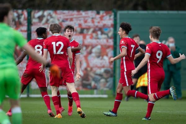 KIRKBY, ENGLAND - Saturday, February 27, 2021: Liverpool's Mateusz Musialowski celebrates after scoring the winning second goal during the Under-18 Premier League match between Liverpool FC Under-18's and Everton FC Under-23's at the Liverpool Academy. Liverpool won 2-1. (Pic by David Rawcliffe/Propaganda)