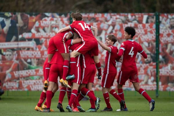 KIRKBY, ENGLAND - Saturday, February 27, 2021: Liverpool's Mateusz Musialowski celebrates with team-mates after scoring an injury time winning goal during the Under-18 Premier League match between Liverpool FC Under-18's and Everton FC Under-23's at the Liverpool Academy. Liverpool won 2-1. (Pic by David Rawcliffe/Propaganda)