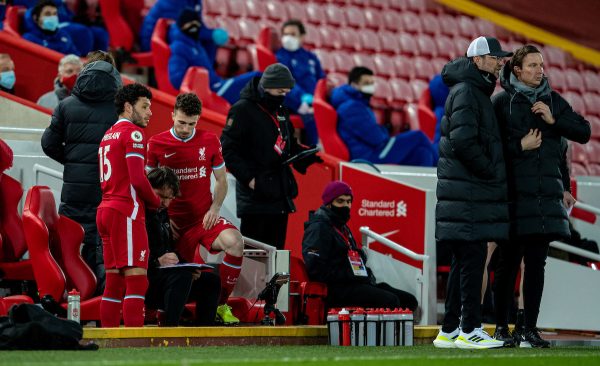 LIVERPOOL, ENGLAND - Thursday, March 4, 2021: Liverpool's substitutes Alex Oxlade-Chamberlain and Diogo Jota prepare to come on during the FA Premier League match between Liverpool FC and Chelsea FC at Anfield. Chelsea won 1-0 condemning Liverpool to their fifth consecutive home defeat for the first time in the club’s history. (Pic by David Rawcliffe/Propaganda)