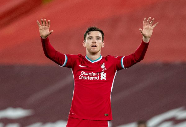 LIVERPOOL, ANGLETERRE - Jeudi 4 mars 2021: Andy Robertson de Liverpool lors de la FA Premier League match entre Liverpool FC et Chelsea FC à Anfield.  Chelsea a gagné 1-0, condamnant Liverpool à sa cinquième défaite consécutive à domicile pour la première fois de l'histoire du club.  (Photo par David Rawcliffe / Propagande)