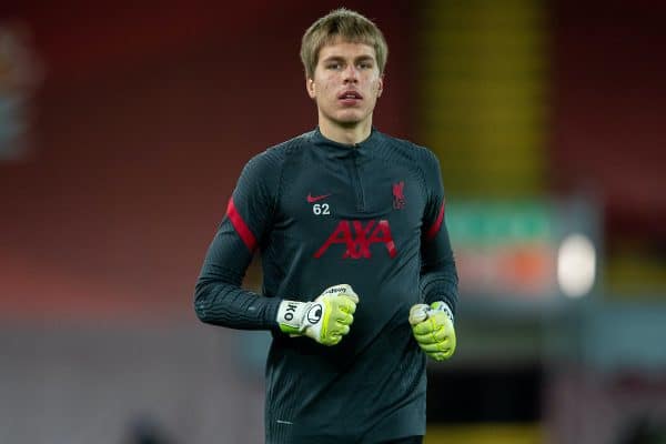 LIVERPOOL, ENGLAND - Thursday, March 4, 2021: Liverpool's goalkeeper Jakub Ojrzynski during the pre-match warm-up before the FA Premier League match between Liverpool FC and Chelsea FC at Anfield. Chelsea won 1-0 condemning Liverpool to their fifth consecutive home defeat for the first time in the club’s history. (Pic by David Rawcliffe/Propaganda)