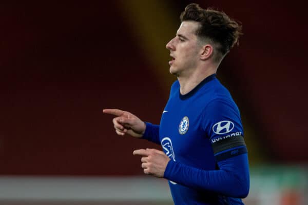 LIVERPOOL, ENGLAND - Thursday, March 4, 2021: Chelsea's Mason Mount celebrates after scoring the only goal of the game during the FA Premier League match between Liverpool FC and Chelsea FC at Anfield. Chelsea won 1-0 condemning Liverpool to their fifth consecutive home defeat for the first time in the club’s history. (Pic by David Rawcliffe/Propaganda)