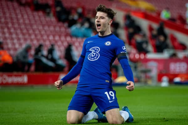 LIVERPOOL, ENGLAND - Thursday, March 4, 2021: Chelsea's Mason Mount celebrates after scoring the only goal of the game during the FA Premier League match between Liverpool FC and Chelsea FC at Anfield. Chelsea won 1-0 condemning Liverpool to their fifth consecutive home defeat for the first time in the club’s history. (Pic by David Rawcliffe/Propaganda)