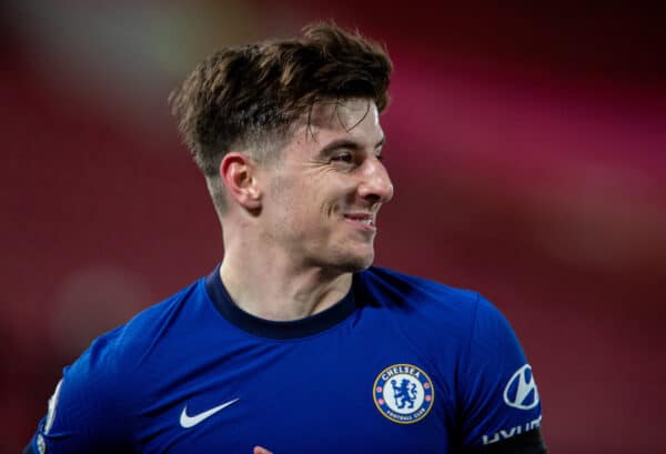 LIVERPOOL, ENGLAND - Thursday, March 4, 2021: Chelsea's Mason Mount celebrates after scoring the only goal of the game during the FA Premier League match between Liverpool FC and Chelsea FC at Anfield. Chelsea won 1-0 condemning Liverpool to their fifth consecutive home defeat for the first time in the club’s history. (Pic by David Rawcliffe/Propaganda)