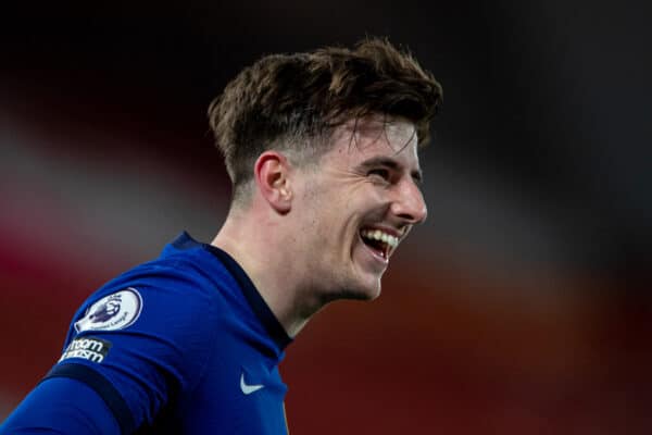 LIVERPOOL, ENGLAND - Thursday, March 4, 2021: Chelsea's Mason Mount celebrates after scoring the only goal of the game during the FA Premier League match between Liverpool FC and Chelsea FC at Anfield. Chelsea won 1-0 condemning Liverpool to their fifth consecutive home defeat for the first time in the club’s history. (Pic by David Rawcliffe/Propaganda)