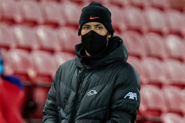 LIVERPOOL, ENGLAND - Thursday, March 4, 2021: Liverpool's injured Virgil van Dijk during the FA Premier League match between Liverpool FC and Chelsea FC at Anfield. Chelsea won 1-0 condemning Liverpool to their fifth consecutive home defeat for the first time in the club’s history. (Pic by David Rawcliffe/Propaganda)