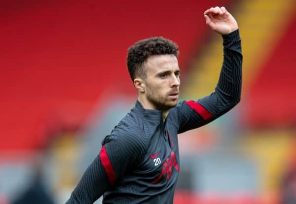 LIVERPOOL, ENGLAND - Sunday, March 7, 2021: Liverpool's Diogo Jota during the pre-match warm-up before the FA Premier League match between Liverpool FC and Fulham FC at Anfield. Fulham won 1-0 extending Liverpool's run to six consecutive home defeats. (Pic by David Rawcliffe/Propaganda)