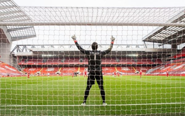 LIVERPOOL, ENGLAND - Sunday, March 7, 2021: Liverpool's goalkeeper Alisson Becker prays before the FA Premier League match between Liverpool FC and Fulham FC at Anfield. Fulham won 1-0 extending Liverpool's run to six consecutive home defeats. (Pic by David Rawcliffe/Propaganda)