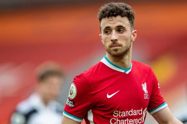 LIVERPOOL, ENGLAND - Sunday, March 7, 2021: Liverpool's Diogo Jota during the FA Premier League match between Liverpool FC and Fulham FC at Anfield. Fulham won 1-0 extending Liverpool's run to six consecutive home defeats. (Pic by David Rawcliffe/Propaganda)