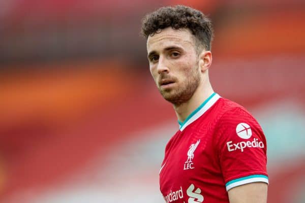 LIVERPOOL, ENGLAND - Sunday, March 7, 2021: Liverpool's Diogo Jota during the FA Premier League match between Liverpool FC and Fulham FC at Anfield. Fulham won 1-0 extending Liverpool's run to six consecutive home defeats. (Pic by David Rawcliffe/Propaganda)