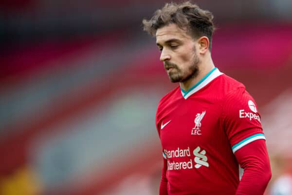 LIVERPOOL, ENGLAND - Sunday, March 7, 2021: Liverpool's Xherdan Shaqiri looks dejected during the FA Premier League match between Liverpool FC and Fulham FC at Anfield. Fulham won 1-0 extending Liverpool's run to six consecutive home defeats. (Pic by David Rawcliffe/Propaganda)