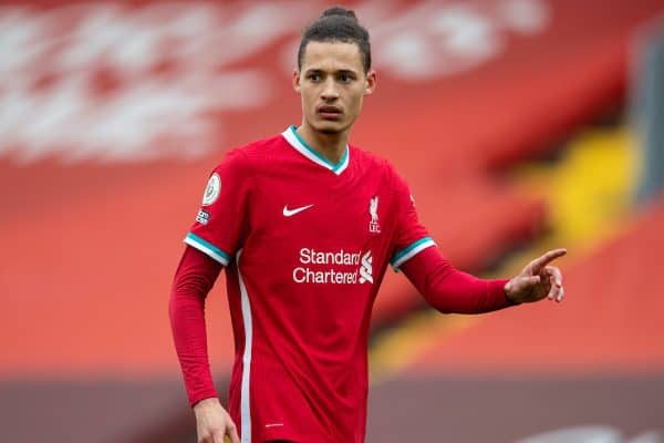 LIVERPOOL, ENGLAND - Sunday, March 7, 2021: Liverpool's Rhys Williams during the FA Premier League match between Liverpool FC and Fulham FC at Anfield. Fulham won 1-0 extending Liverpool's run to six consecutive home defeats. (Pic by David Rawcliffe/Propaganda)