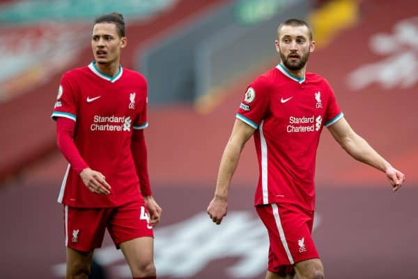 LIVERPOOL, ENGLAND - Sunday, March 7, 2021: Liverpool's Rhys Williams (L) and Nathaniel Phillips during the FA Premier League match between Liverpool FC and Fulham FC at Anfield. Fulham won 1-0 extending Liverpool's run to six consecutive home defeats. (Pic by David Rawcliffe/Propaganda)