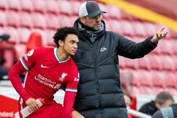 LIVERPOOL, ENGLAND - Sunday, March 7, 2021: Liverpool's manager Jürgen Klopp prepares to bring on substitute Trent Alexander-Arnold during the FA Premier League match between Liverpool FC and Fulham FC at Anfield. Fulham won 1-0 extending Liverpool's run to six consecutive home defeats. (Pic by David Rawcliffe/Propaganda)