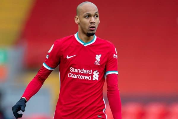 LIVERPOOL, ENGLAND - Sunday, March 7, 2021: Liverpool's Fabio Henrique Tavares 'Fabinho' during the FA Premier League match between Liverpool FC and Fulham FC at Anfield. Fulham won 1-0 extending Liverpool's run to six consecutive home defeats. (Pic by David Rawcliffe/Propaganda)