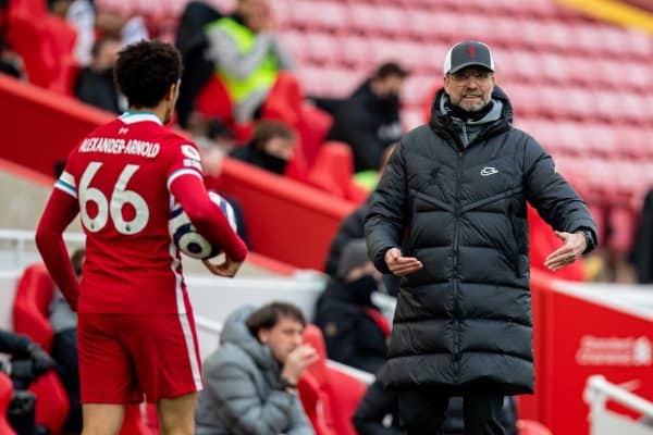 LIVERPOOL, ENGLAND - Sunday, March 7, 2021: Liverpool's manager Jürgen Klopp during the FA Premier League match between Liverpool FC and Fulham FC at Anfield. Fulham won 1-0 extending Liverpool's run to six consecutive home defeats. (Pic by David Rawcliffe/Propaganda)