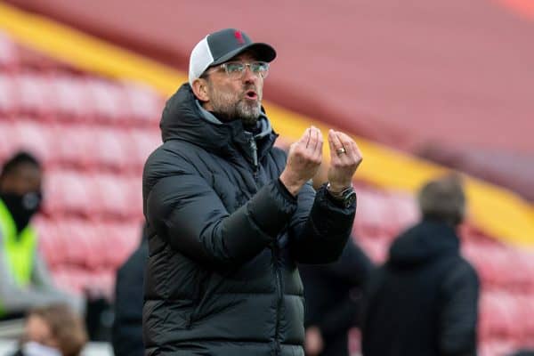 LIVERPOOL, ENGLAND - Sunday, March 7, 2021: Liverpool's manager Jürgen Klopp reacts during the FA Premier League match between Liverpool FC and Fulham FC at Anfield. Fulham won 1-0 extending Liverpool's run to six consecutive home defeats. (Pic by David Rawcliffe/Propaganda)