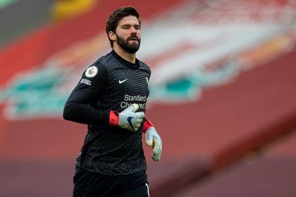 LIVERPOOL, ENGLAND - Sunday, March 7, 2021: Liverpool's goalkeeper Alisson Becker during the FA Premier League match between Liverpool FC and Fulham FC at Anfield. Fulham won 1-0 extending Liverpool's run to six consecutive home defeats. (Pic by David Rawcliffe/Propaganda)