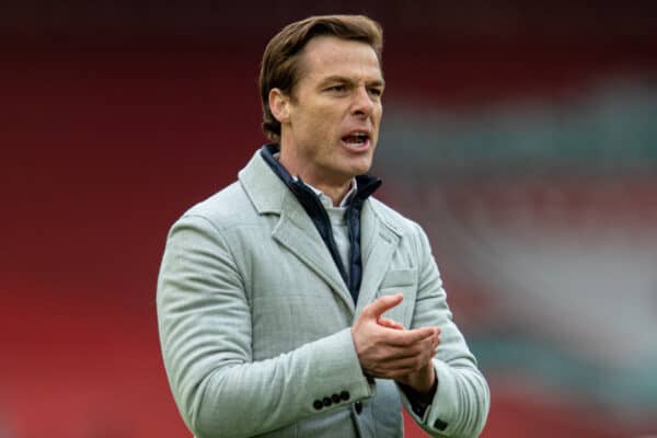 LIVERPOOL, ENGLAND - Sunday, March 7, 2021: Fulham's manager Scott Parker celebrates at the final whistle during the FA Premier League match between Liverpool FC and Fulham FC at Anfield. Fulham won 1-0 extending Liverpool's run to six consecutive home defeats. (Pic by David Rawcliffe/Propaganda)