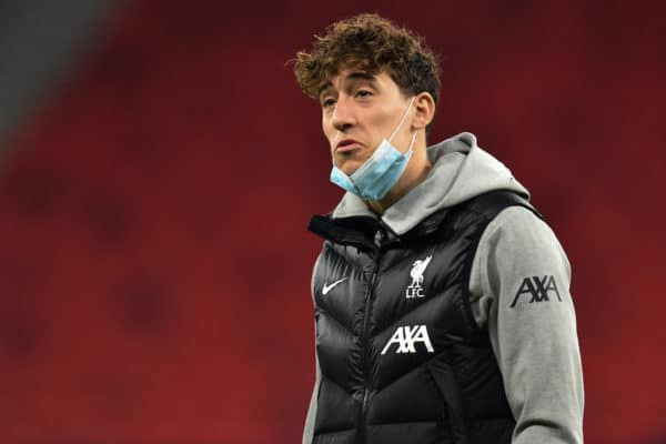 BUDAPEST, HUNGARY - Wednesday, March 10, 2021: Liverpool's Kostas Tsimikas on the pitch before the UEFA Champions League Round of 16 2nd Leg game between Liverpool FC and RB Leipzig at the Puskás Aréna. Liverpool won 2-0, 4-0 on aggregate. (Pic by Propaganda)