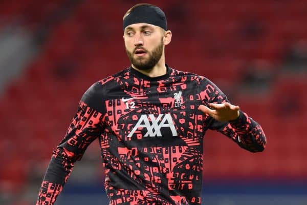 BUDAPEST, HUNGARY - Wednesday, March 10, 2021: Liverpool's Nathaniel Phillips during the pre-match warm-up before the UEFA Champions League Round of 16 2nd Leg game between Liverpool FC and RB Leipzig at the Puskás Aréna. Liverpool won 2-0, 4-0 on aggregate. (Pic by Propaganda)