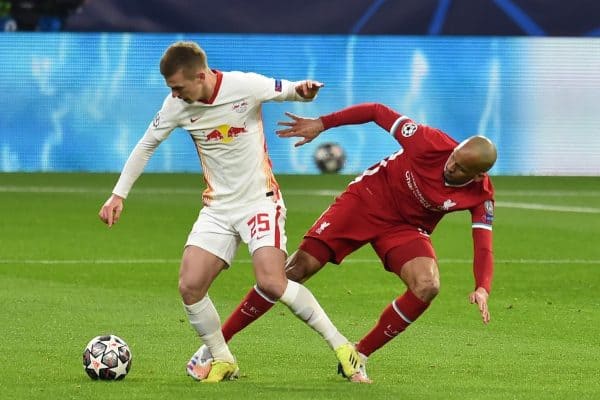 BUDAPEST, HUNGARY - Wednesday, March 10, 2021: Liverpool's Fabio Henrique Tavares 'Fabinho' (R) and RB Leipzig's Dani Olmo during the UEFA Champions League Round of 16 2nd Leg match between Liverpool FC and RB Leipzig at Puskás Aréna.  Liverpool won 2-0, 4-0 on aggregate.  (image from propaganda)