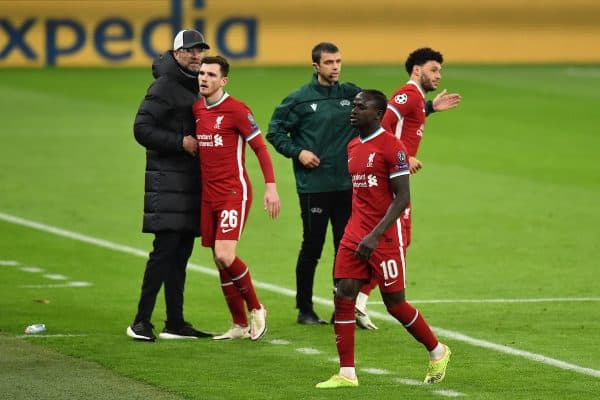 BUDAPEST, HUNGARY - Wednesday, March 10, 2021: Liverpool's Sadio Mané walks off the field after being substituted during the UEFA Champions League Round of 16 2nd Leg game between Liverpool FC and RB Leipzig at the Puskás Aréna. Liverpool won 2-0, 4-0 on aggregate. (Pic by Propaganda)