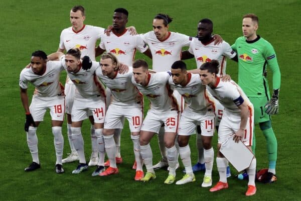 BUDAPEST, HUNGARY - Wednesday, March 10, 2021: RB Leipzig players line-up for a team group photograph before the pre-match warm-up before the UEFA Champions League Round of 16 2nd Leg game between Liverpool FC and RB Leipzig at the Puskás Aréna. Back row L-R: Lukas Klostermann, Nordi Mukiele, Yussuf Poulsen, Dayot Upamecano, goalkeeper Pe?ter Gula?csi. Front row L-R: Christopher Nkunku, Kevin Kampl, Emil Forsberg, Dani Olmo, Tyler Adams, Marcel Sabitzer. Liverpool won 2-0, 4-0 on aggregate. (Pic ©UEFA)